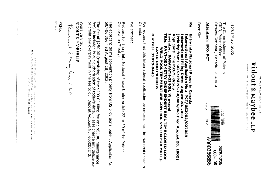 Document de brevet canadien 2496810. Cession 20050225. Image 1 de 3