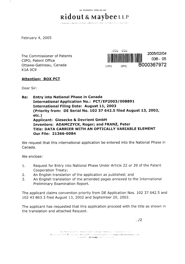 Document de brevet canadien 2496829. Cession 20050204. Image 1 de 4