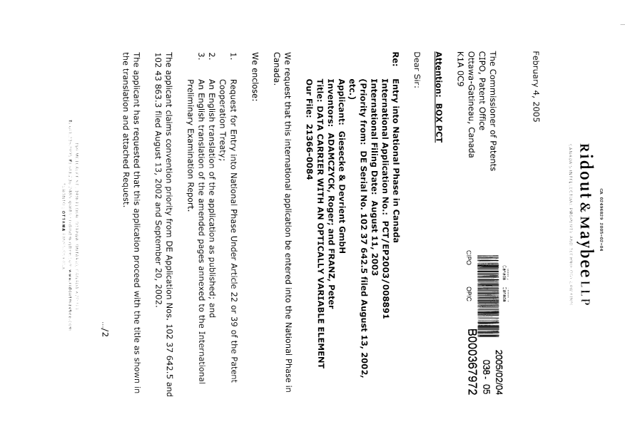 Document de brevet canadien 2496829. Cession 20050204. Image 1 de 4