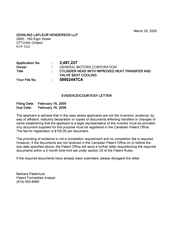 Canadian Patent Document 2497227. Correspondence 20050324. Image 1 of 1