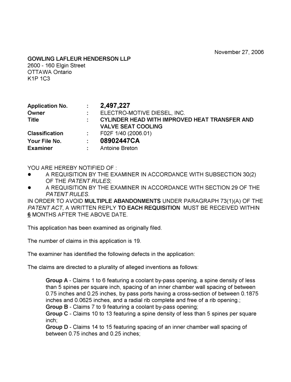 Canadian Patent Document 2497227. Prosecution-Amendment 20061127. Image 1 of 4