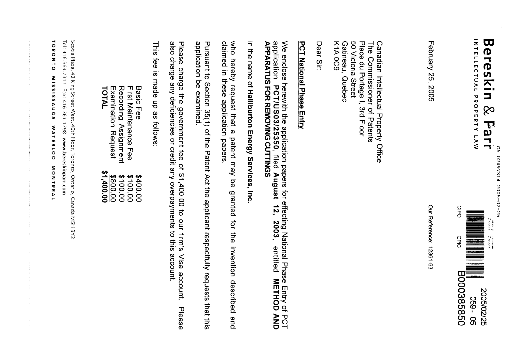 Document de brevet canadien 2497314. Cession 20050225. Image 1 de 14