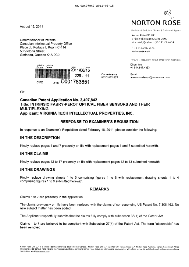Document de brevet canadien 2497842. Poursuite-Amendment 20101215. Image 1 de 10