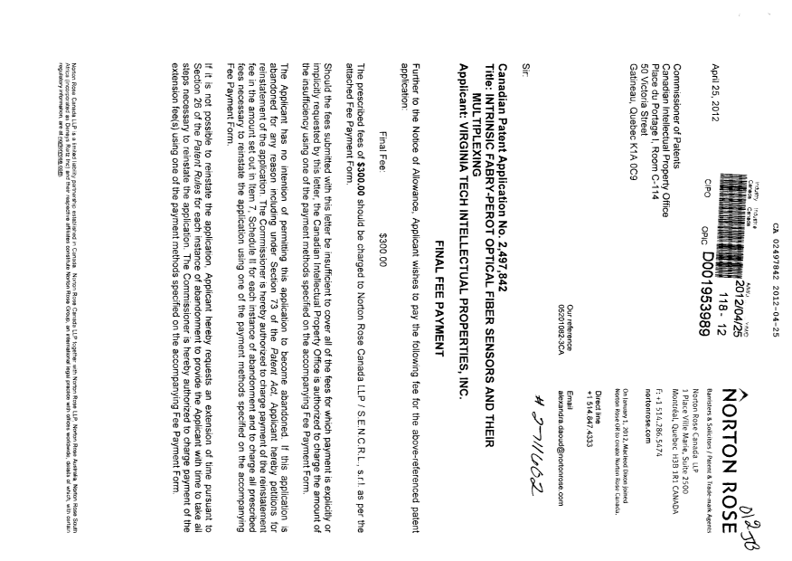 Document de brevet canadien 2497842. Correspondance 20111225. Image 1 de 2