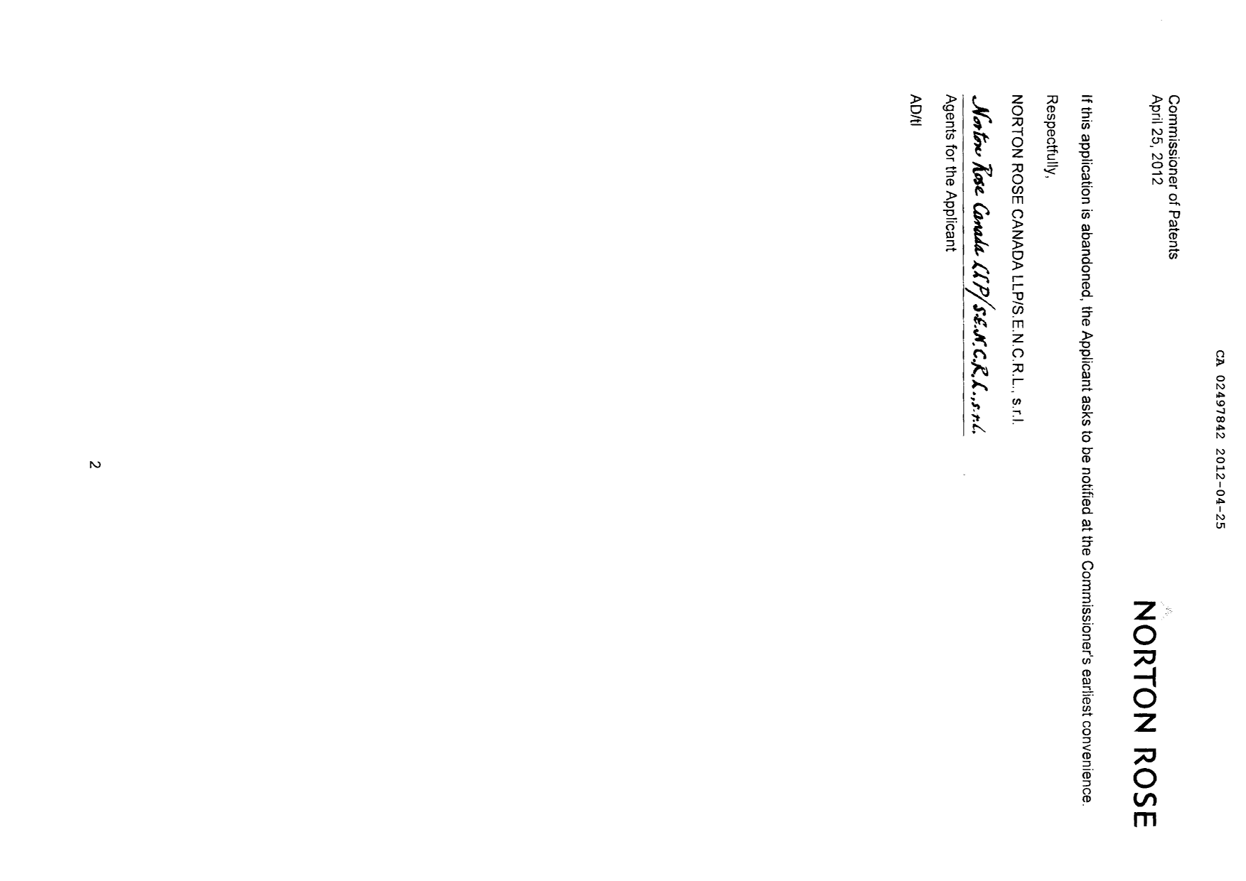 Document de brevet canadien 2497842. Correspondance 20111225. Image 2 de 2