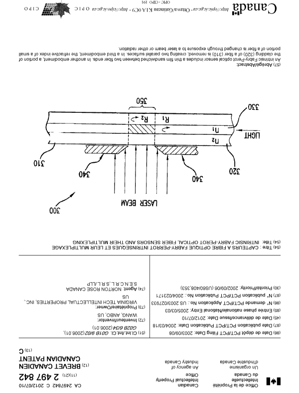 Canadian Patent Document 2497842. Cover Page 20120613. Image 1 of 1