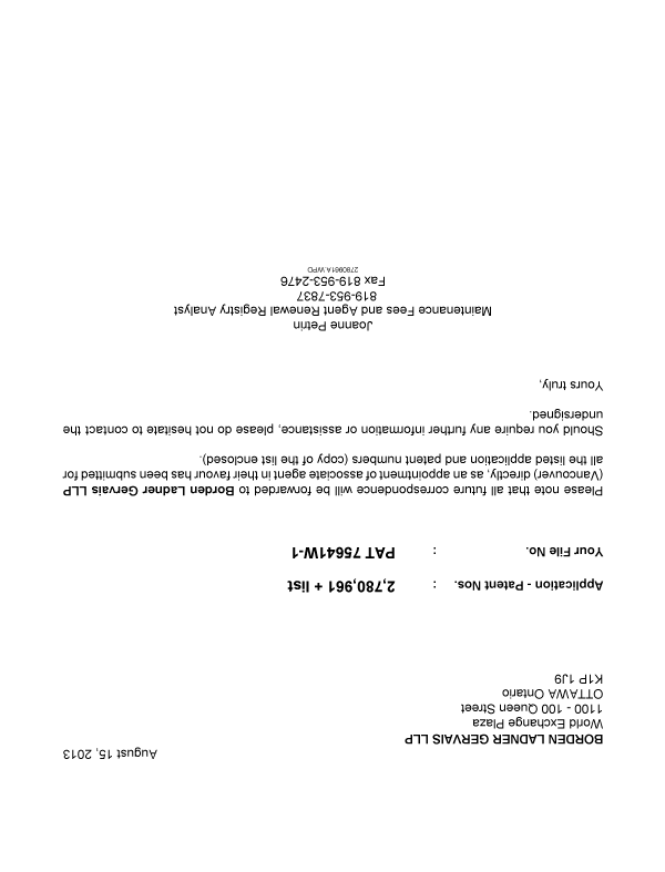 Canadian Patent Document 2498090. Correspondence 20130815. Image 1 of 1