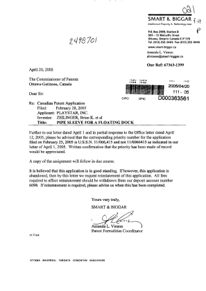 Document de brevet canadien 2498701. Correspondance 20050420. Image 1 de 1