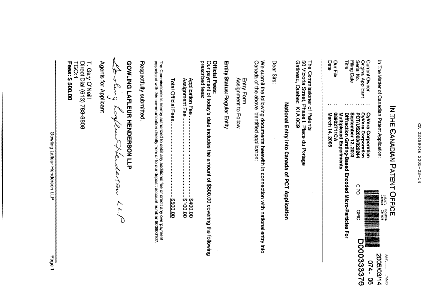 Document de brevet canadien 2499046. Cession 20041214. Image 1 de 3