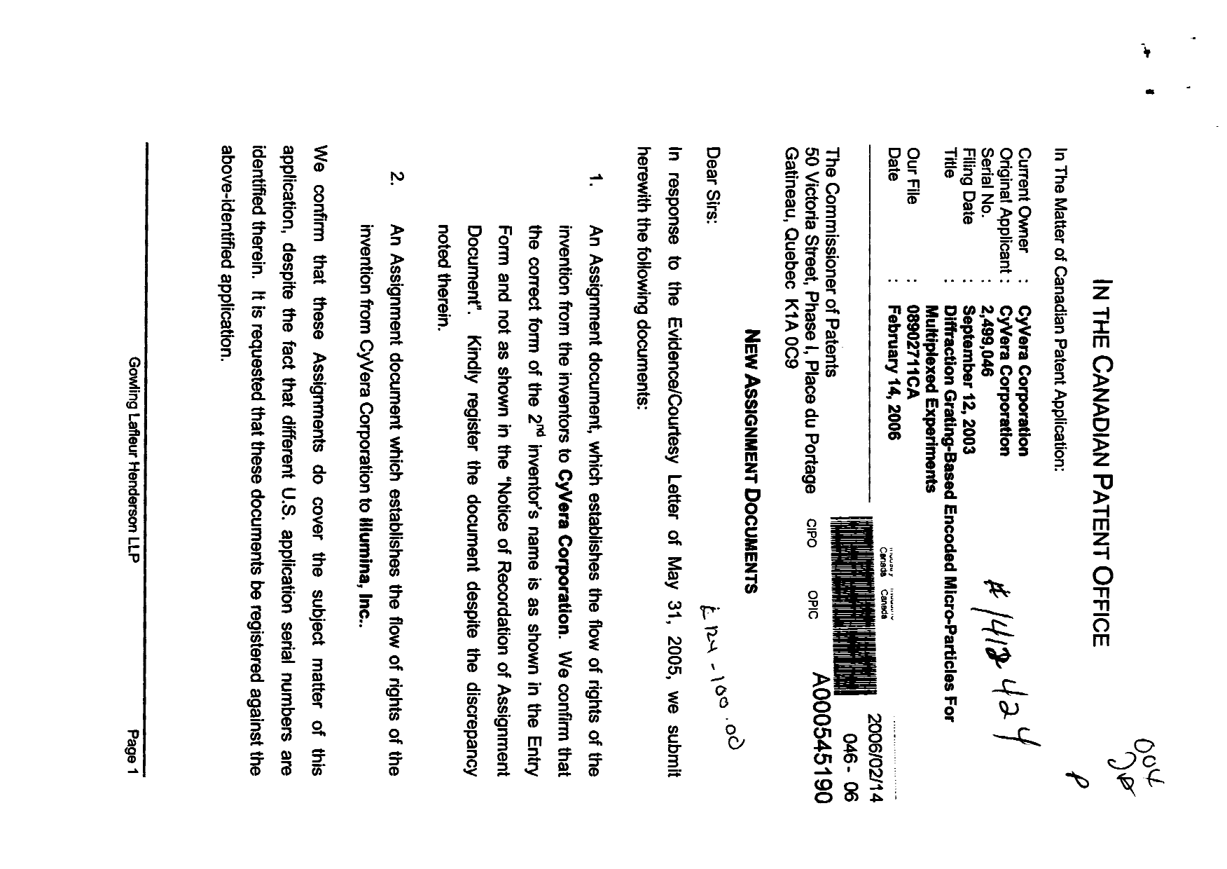 Canadian Patent Document 2499046. Assignment 20060214. Image 1 of 12