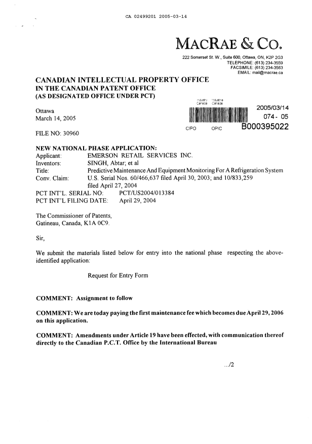 Canadian Patent Document 2499201. Assignment 20050314. Image 1 of 4