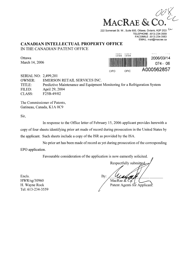 Canadian Patent Document 2499201. Prosecution-Amendment 20060314. Image 1 of 1