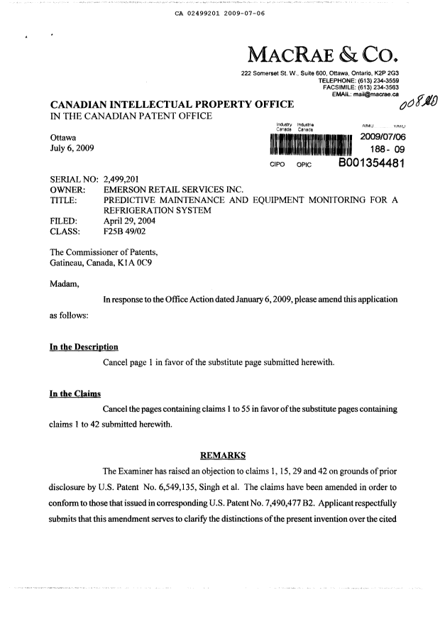 Canadian Patent Document 2499201. Prosecution-Amendment 20090706. Image 1 of 11