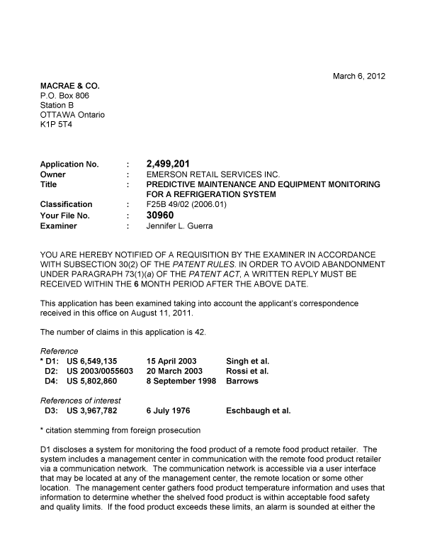 Canadian Patent Document 2499201. Prosecution-Amendment 20120306. Image 1 of 4