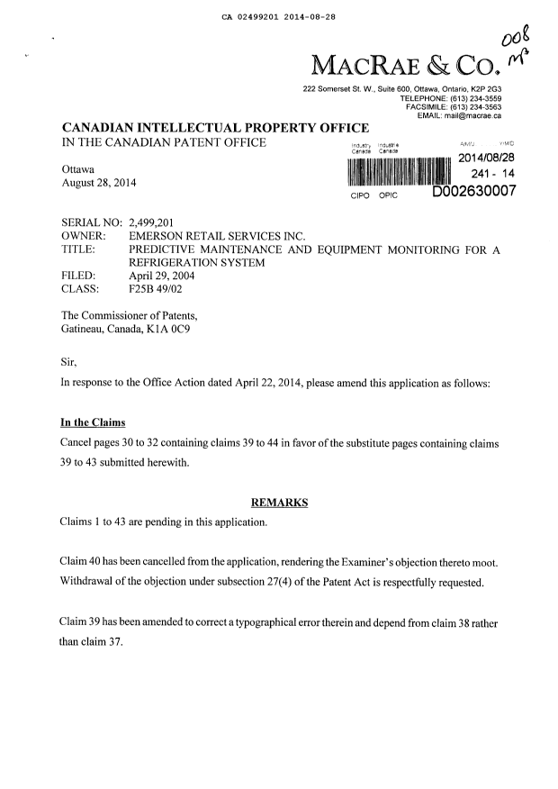 Canadian Patent Document 2499201. Prosecution-Amendment 20140828. Image 1 of 5