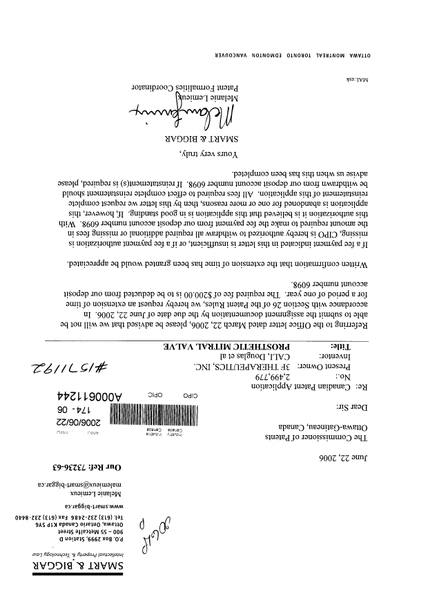 Canadian Patent Document 2499779. Correspondence 20060622. Image 1 of 1
