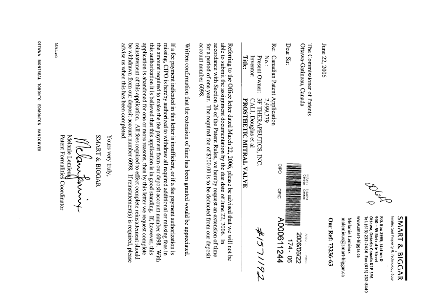 Document de brevet canadien 2499779. Correspondance 20060622. Image 1 de 1