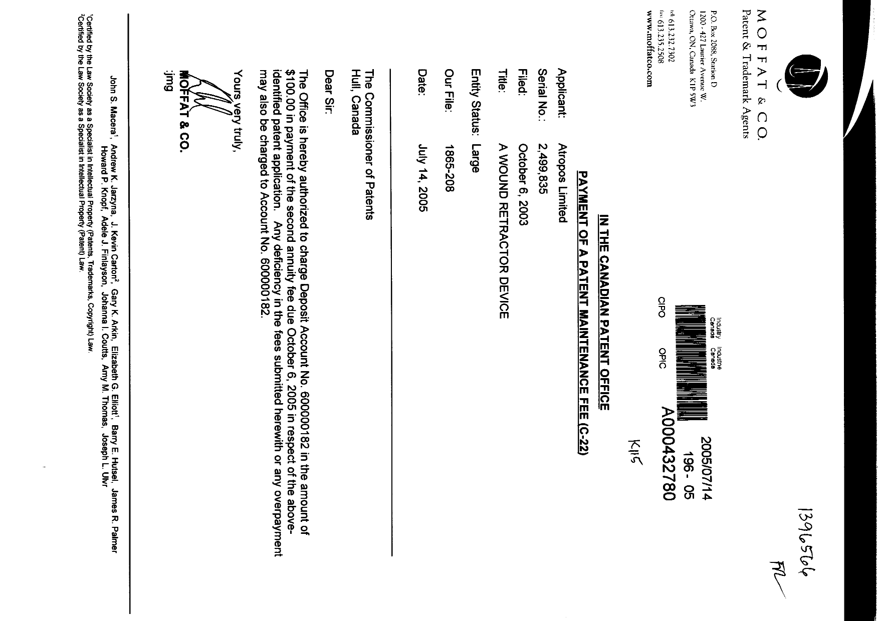 Document de brevet canadien 2499835. Taxes 20041214. Image 1 de 1