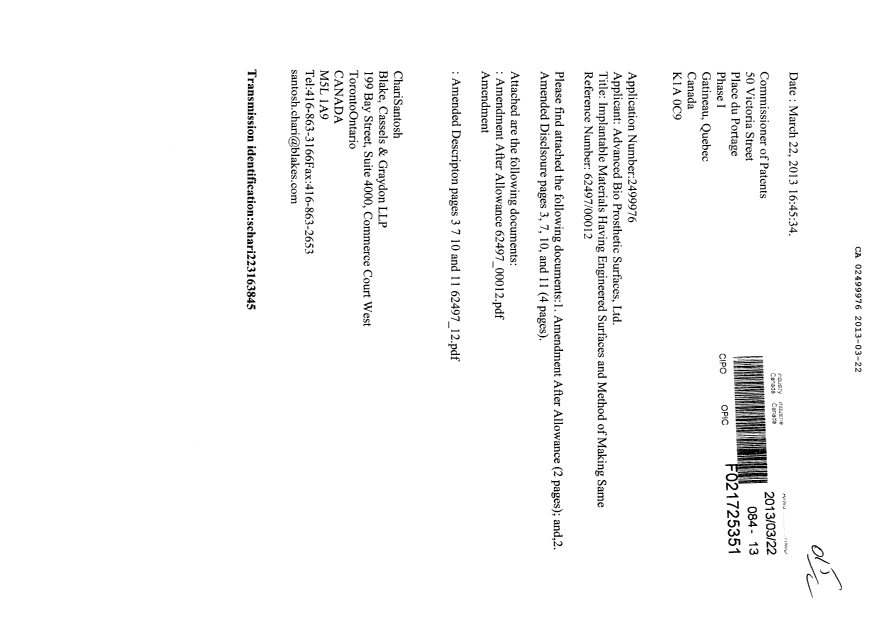 Document de brevet canadien 2499976. Poursuite-Amendment 20130322. Image 1 de 7