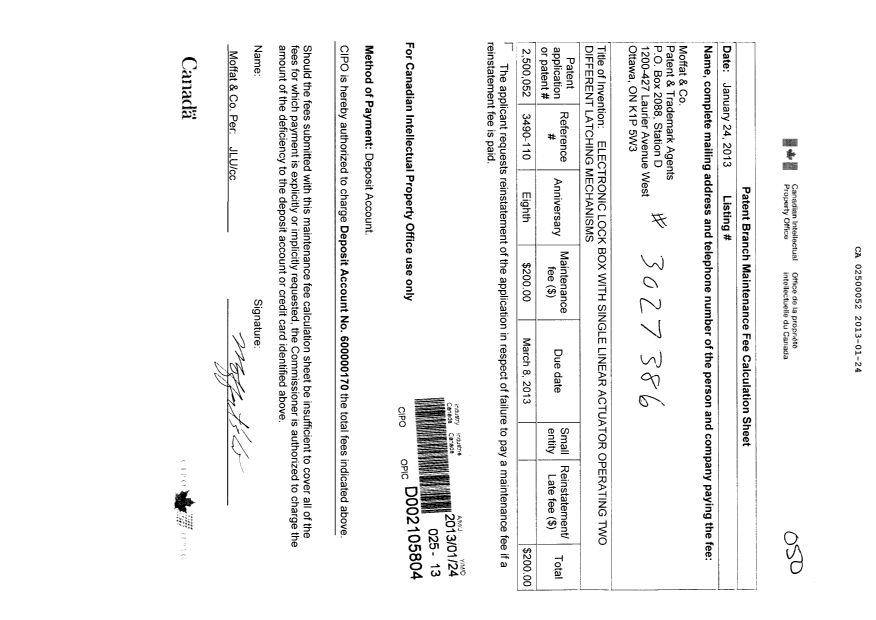 Document de brevet canadien 2500052. Taxes 20121224. Image 1 de 1