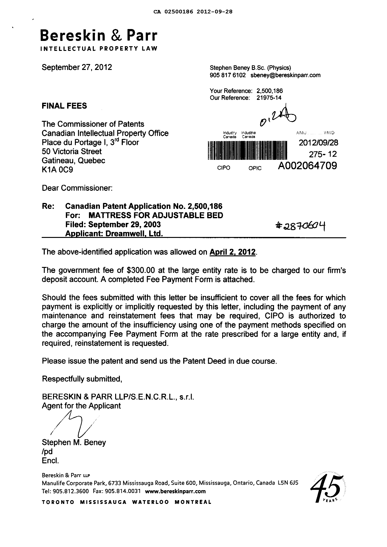 Document de brevet canadien 2500186. Correspondance 20120928. Image 1 de 1
