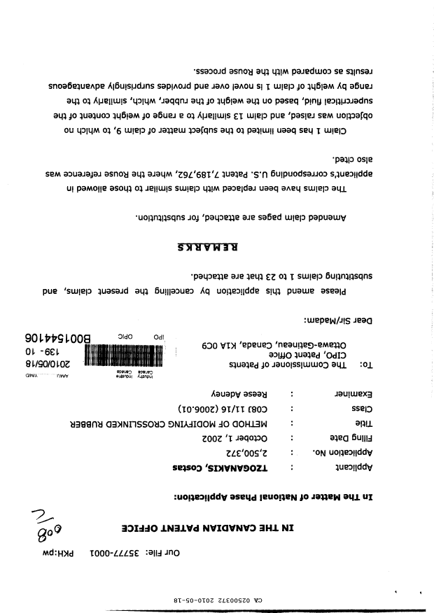 Canadian Patent Document 2500372. Prosecution-Amendment 20100518. Image 1 of 7