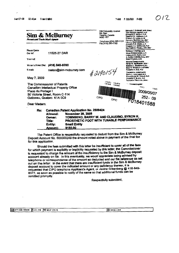 Canadian Patent Document 2500424. Correspondence 20091211. Image 2 of 4