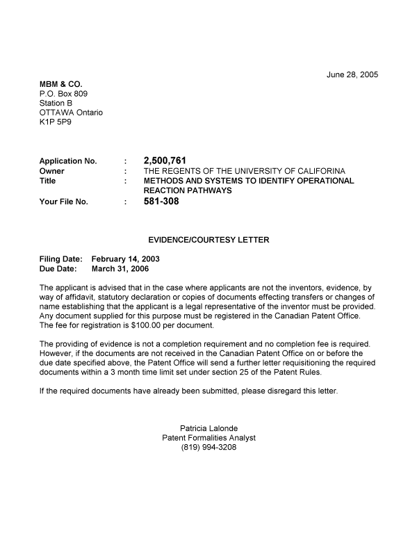 Document de brevet canadien 2500761. Correspondance 20050620. Image 1 de 1