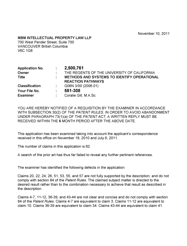 Document de brevet canadien 2500761. Poursuite-Amendment 20111110. Image 1 de 2