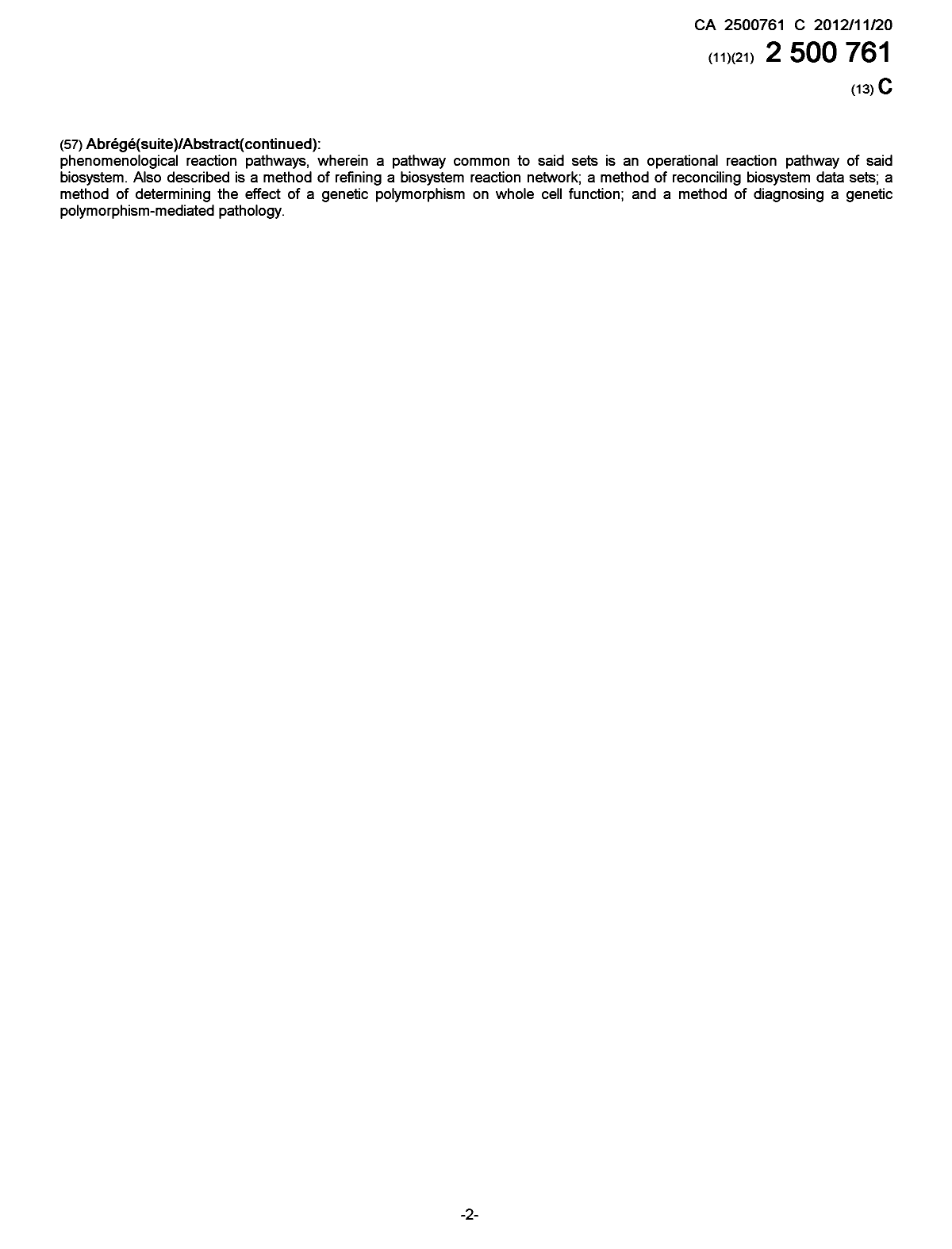 Document de brevet canadien 2500761. Page couverture 20111223. Image 2 de 2