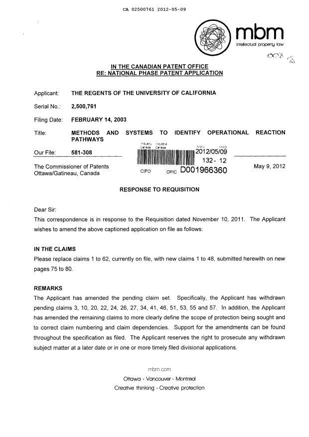 Document de brevet canadien 2500761. Poursuite-Amendment 20120509. Image 1 de 9