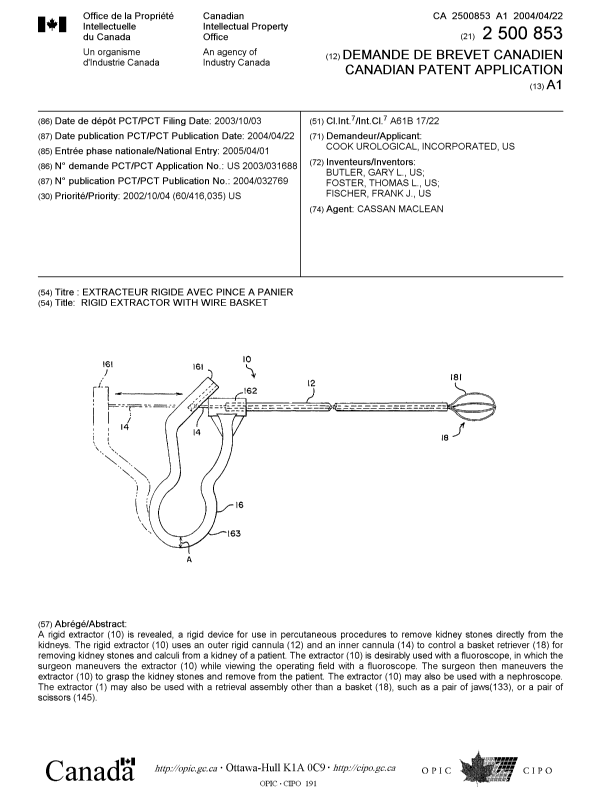 Canadian Patent Document 2500853. Cover Page 20050629. Image 1 of 1