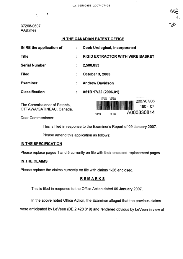 Canadian Patent Document 2500853. Prosecution-Amendment 20070706. Image 1 of 22