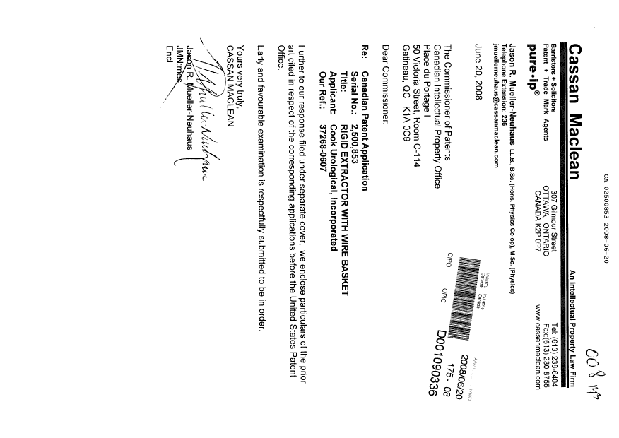Canadian Patent Document 2500853. Prosecution-Amendment 20080620. Image 1 of 1