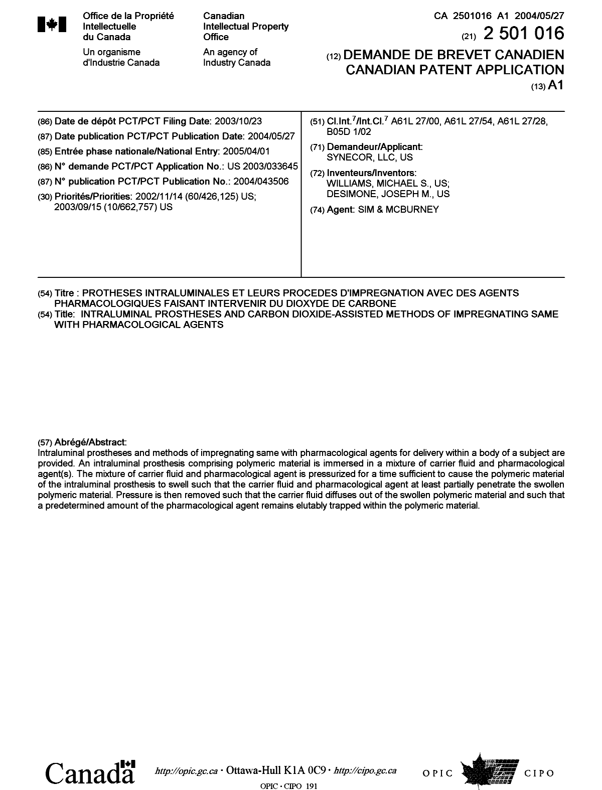 Document de brevet canadien 2501016. Page couverture 20050622. Image 1 de 1
