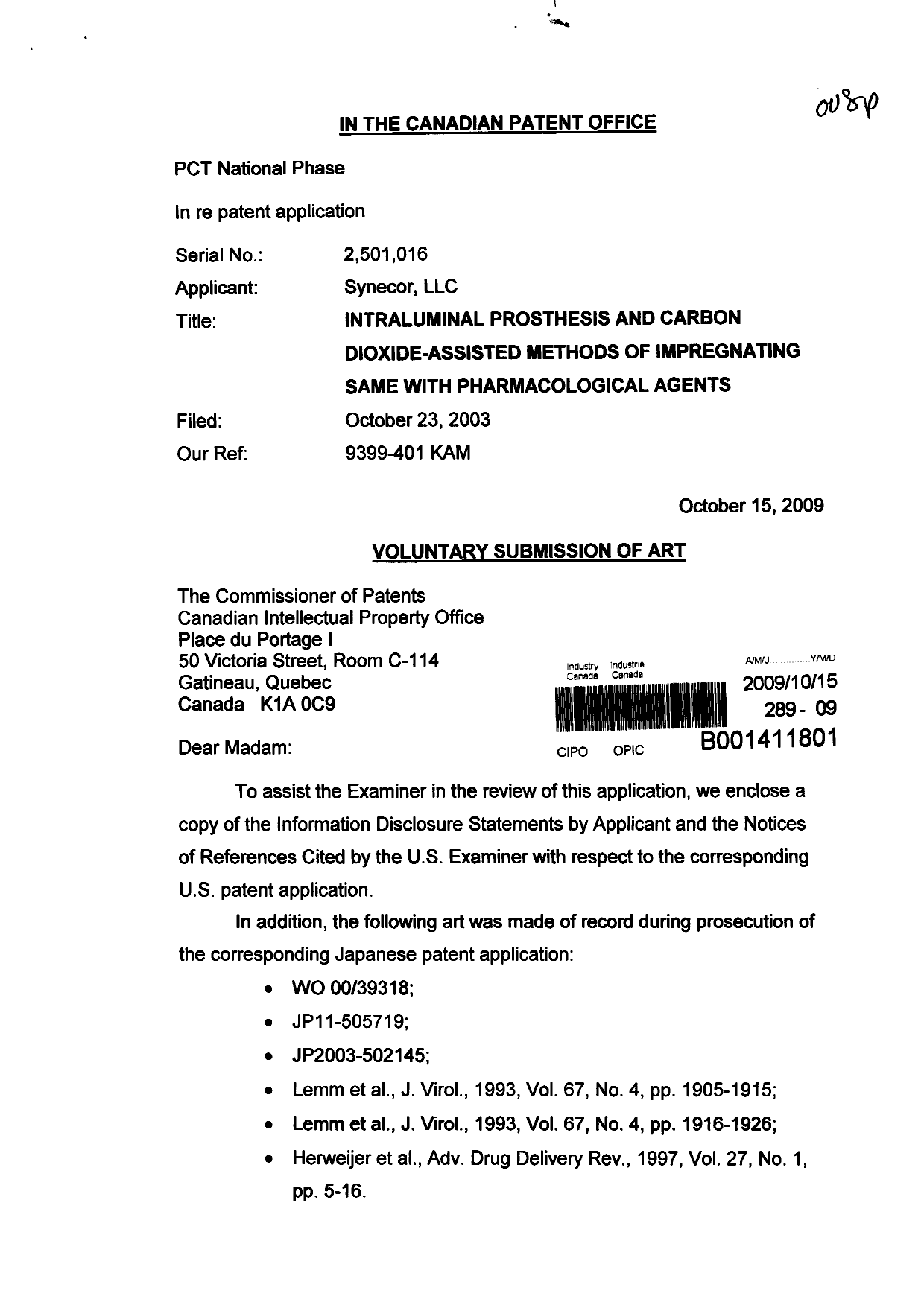 Canadian Patent Document 2501016. Prosecution-Amendment 20091015. Image 1 of 3