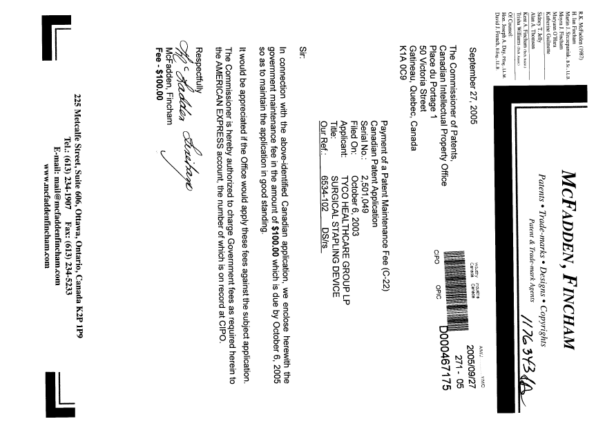 Document de brevet canadien 2501049. Taxes 20050927. Image 1 de 1