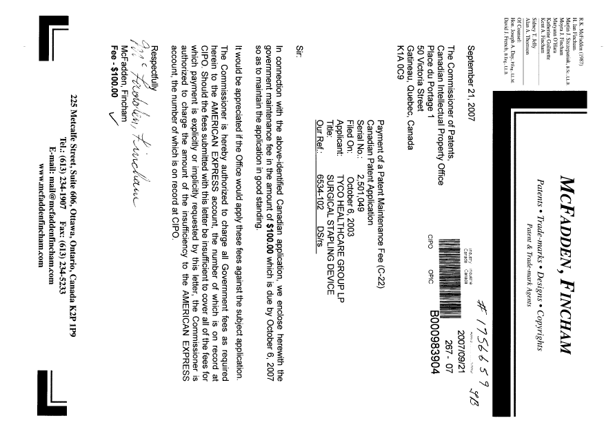 Document de brevet canadien 2501049. Taxes 20070921. Image 1 de 1