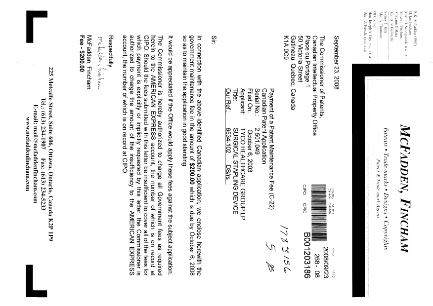 Document de brevet canadien 2501049. Taxes 20080923. Image 1 de 1