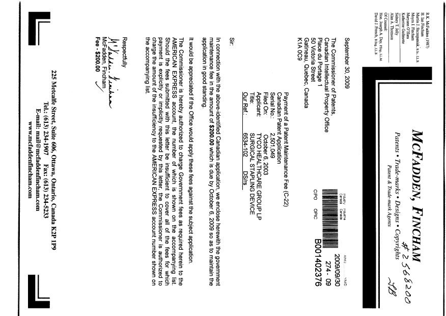 Document de brevet canadien 2501049. Taxes 20090930. Image 1 de 1