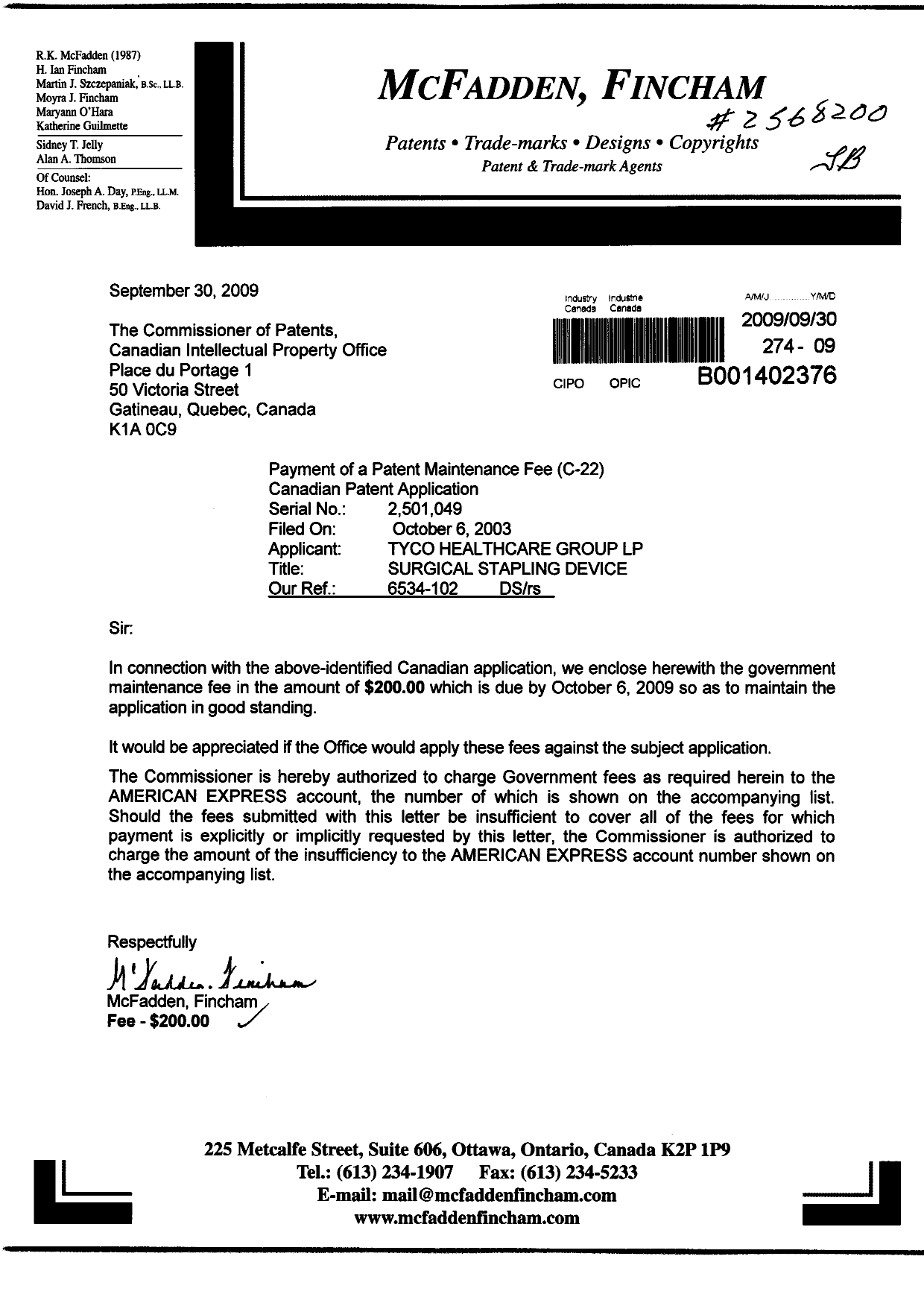 Document de brevet canadien 2501049. Taxes 20090930. Image 1 de 1