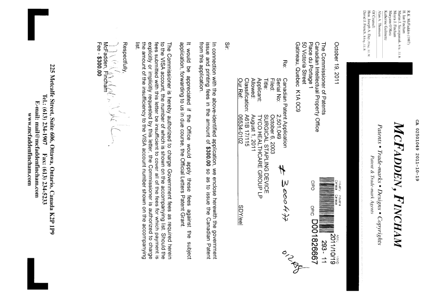 Document de brevet canadien 2501049. Correspondance 20111019. Image 1 de 1