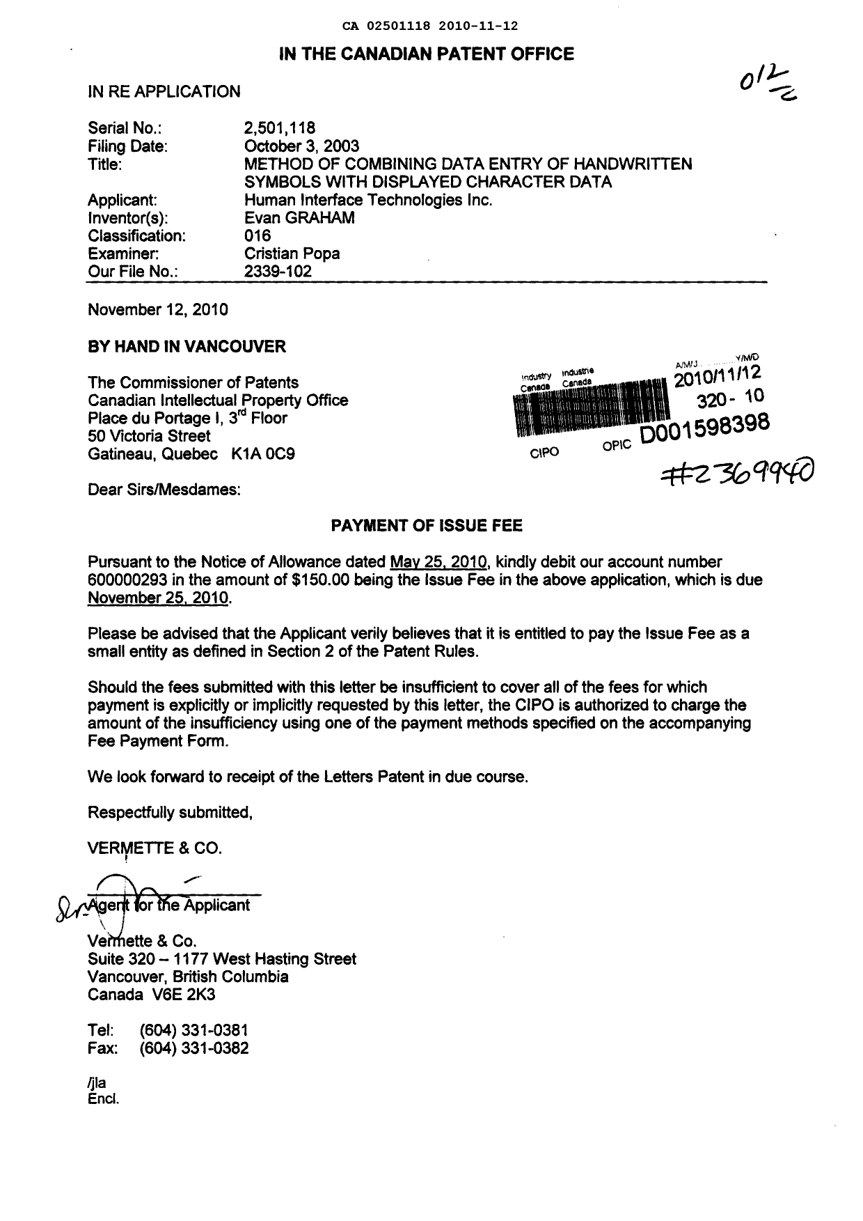 Document de brevet canadien 2501118. Correspondance 20101112. Image 1 de 1