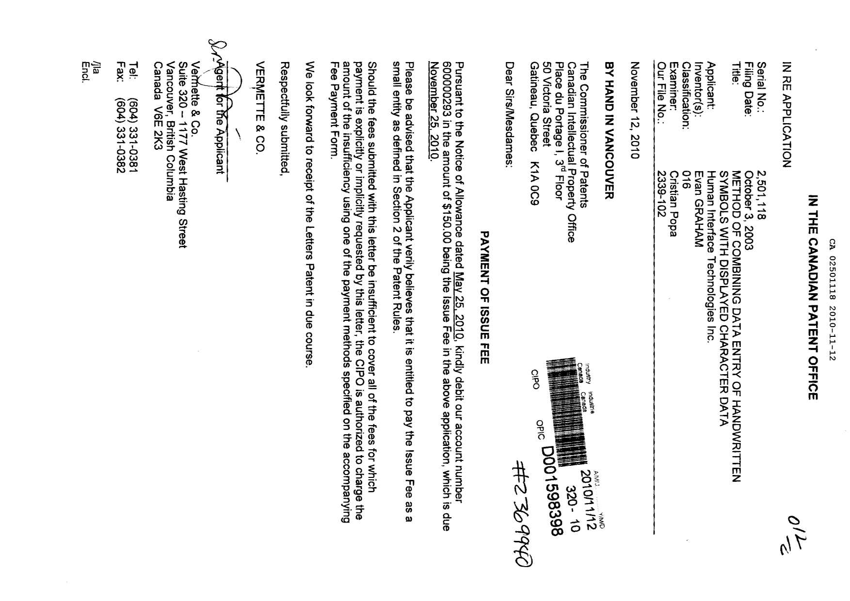 Canadian Patent Document 2501118. Correspondence 20101112. Image 1 of 1