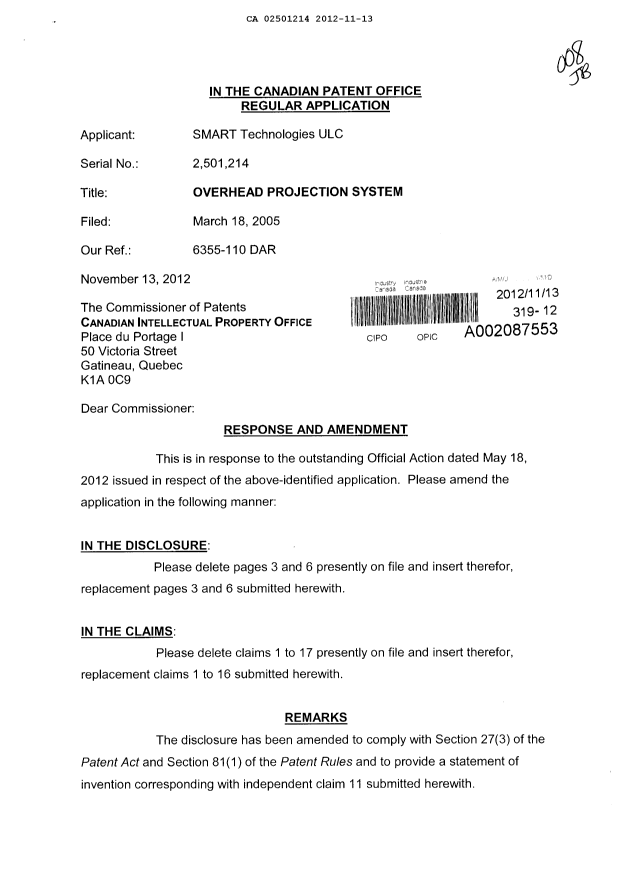 Canadian Patent Document 2501214. Prosecution-Amendment 20121113. Image 1 of 7