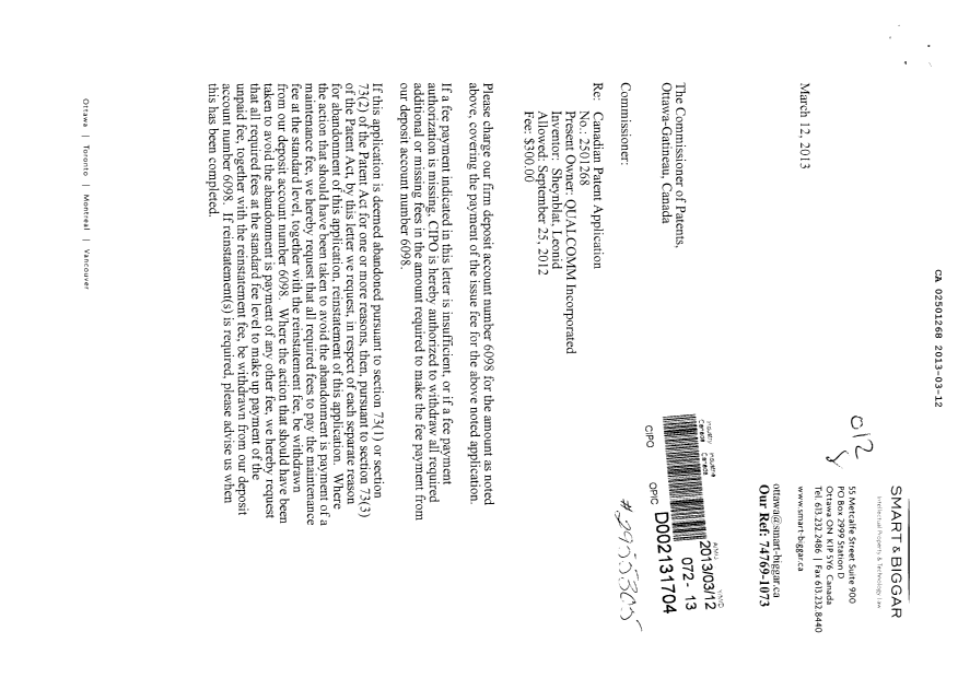 Document de brevet canadien 2501268. Correspondance 20130312. Image 1 de 2
