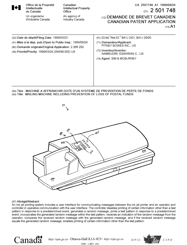 Canadian Patent Document 2501748. Cover Page 20050527. Image 1 of 1