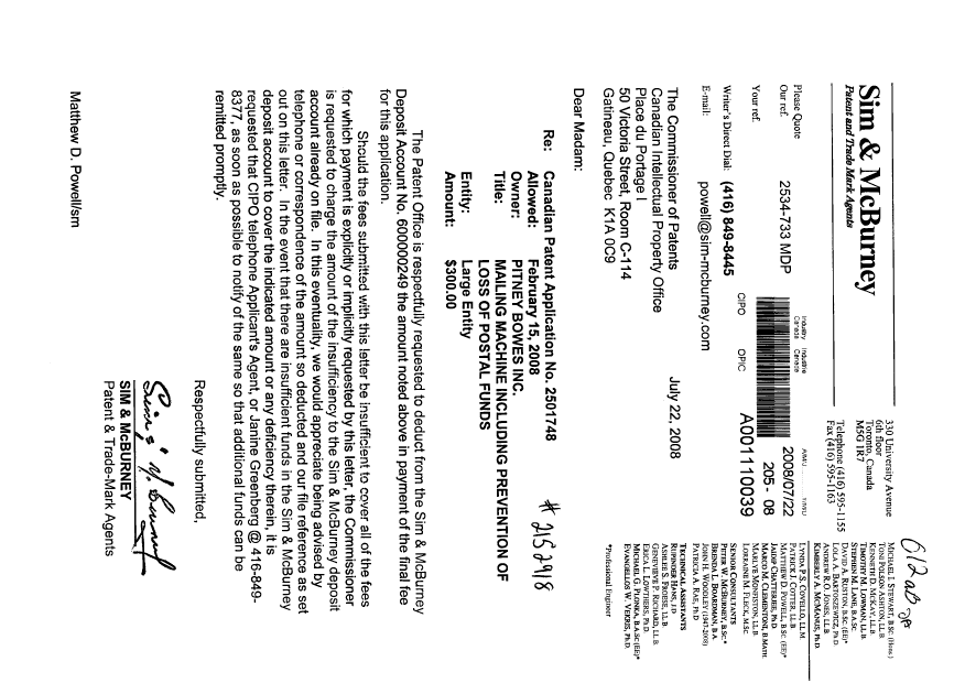 Document de brevet canadien 2501748. Correspondance 20080722. Image 1 de 1