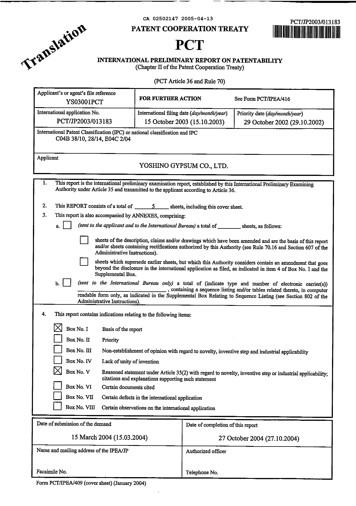 Document de brevet canadien 2502147. PCT 20050413. Image 1 de 5