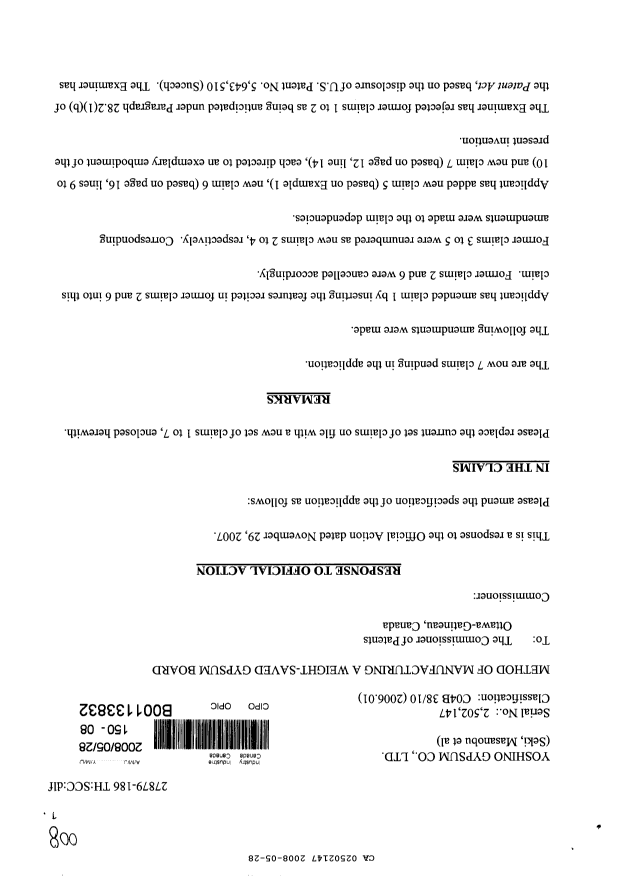 Canadian Patent Document 2502147. Prosecution-Amendment 20080528. Image 1 of 6